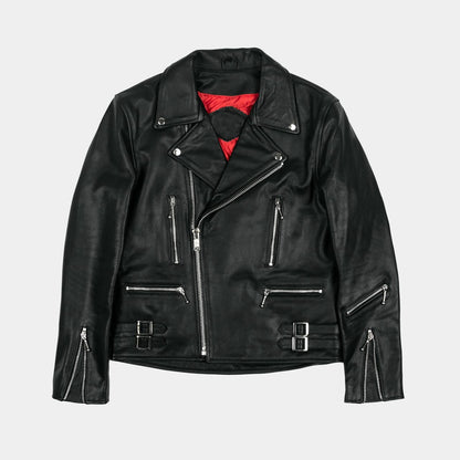 Mens Black Slim Fit Motorcycle Biker Leather Jacket front image