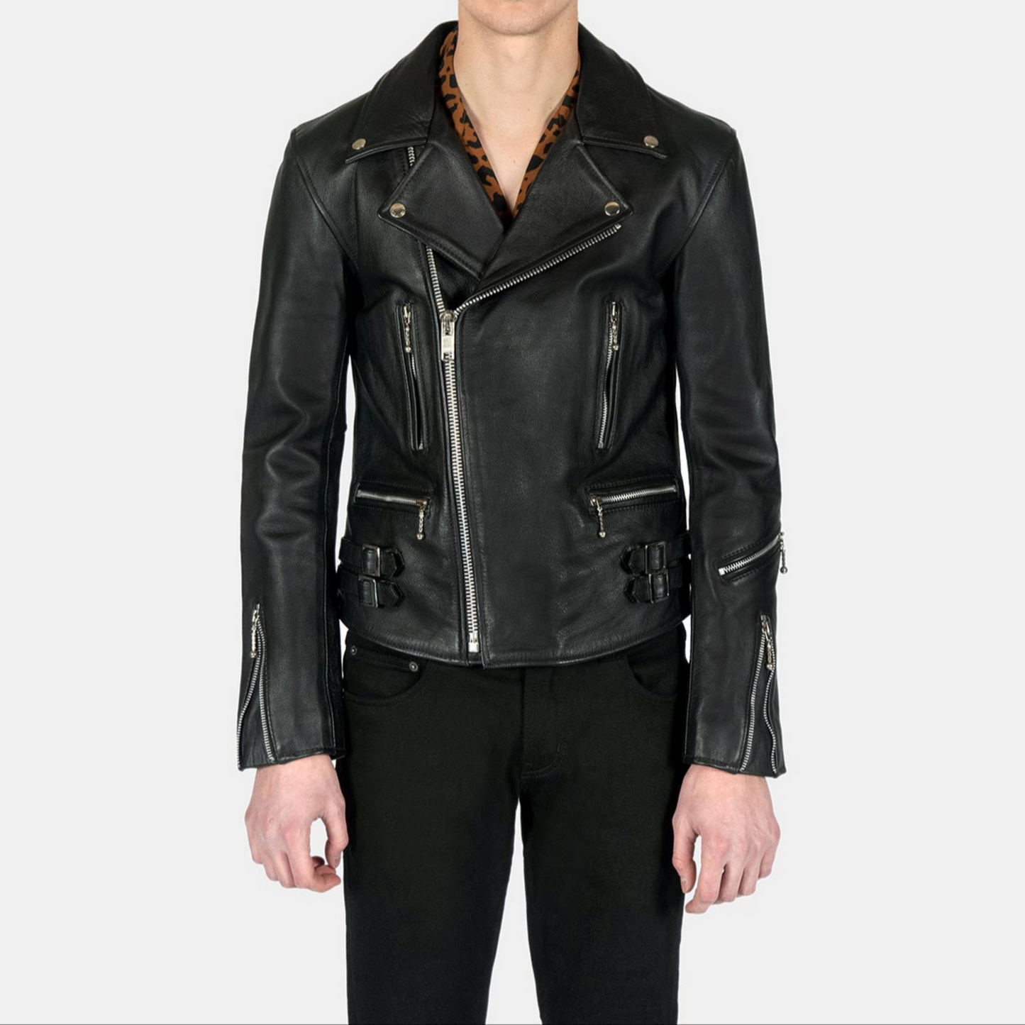Mens Black Slim Fit Motorcycle Biker Leather Jacket worn with front zip closed