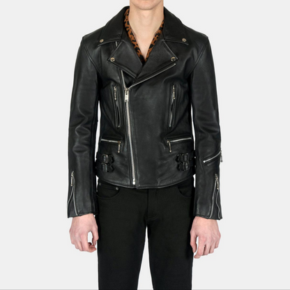 Mens Black Slim Fit Motorcycle Biker Leather Jacket worn with front zip closed