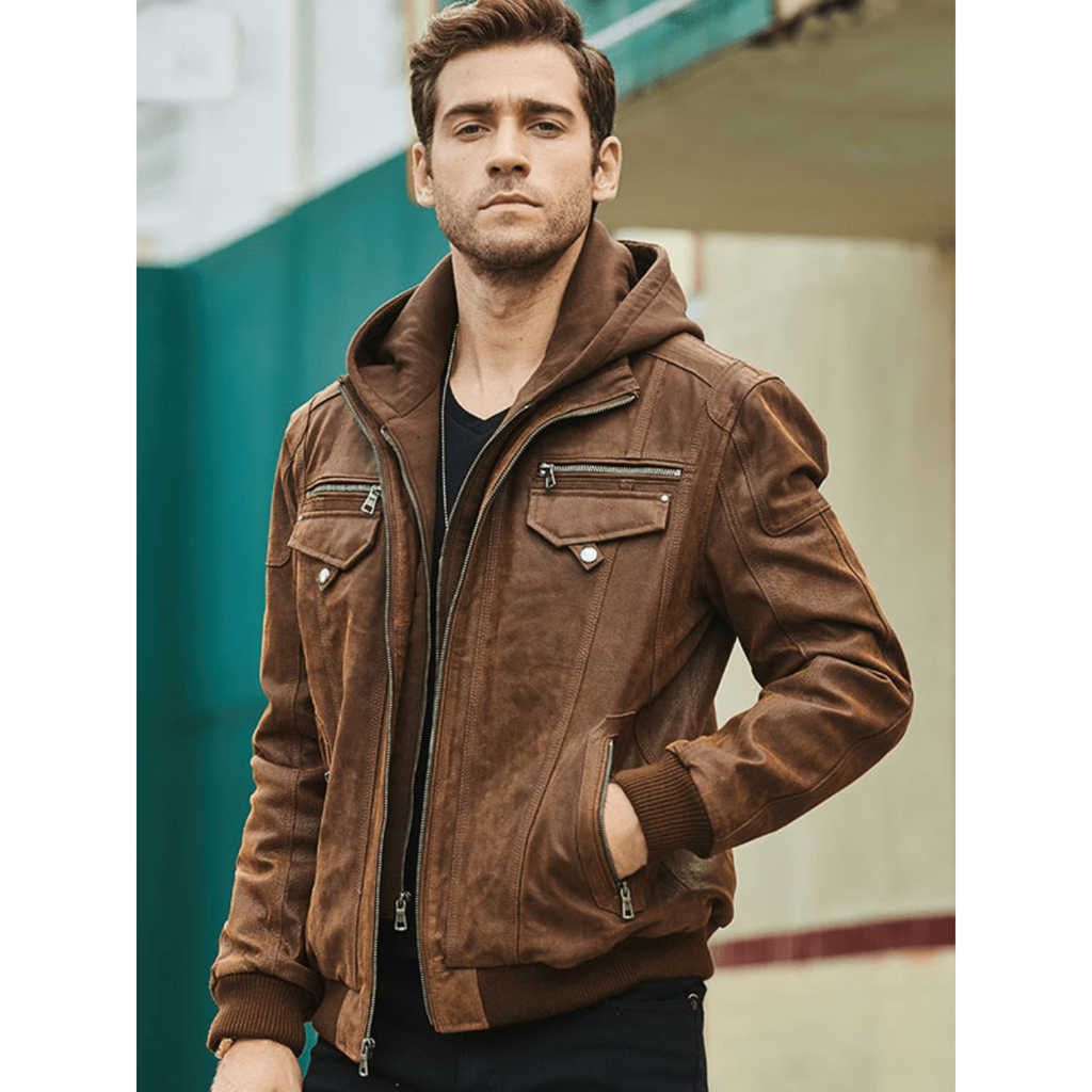 Mens Brown Suede Nubuck Bomber Style Motorcycle Leather Jacket with detachable Brown Fleece Hood detail image
