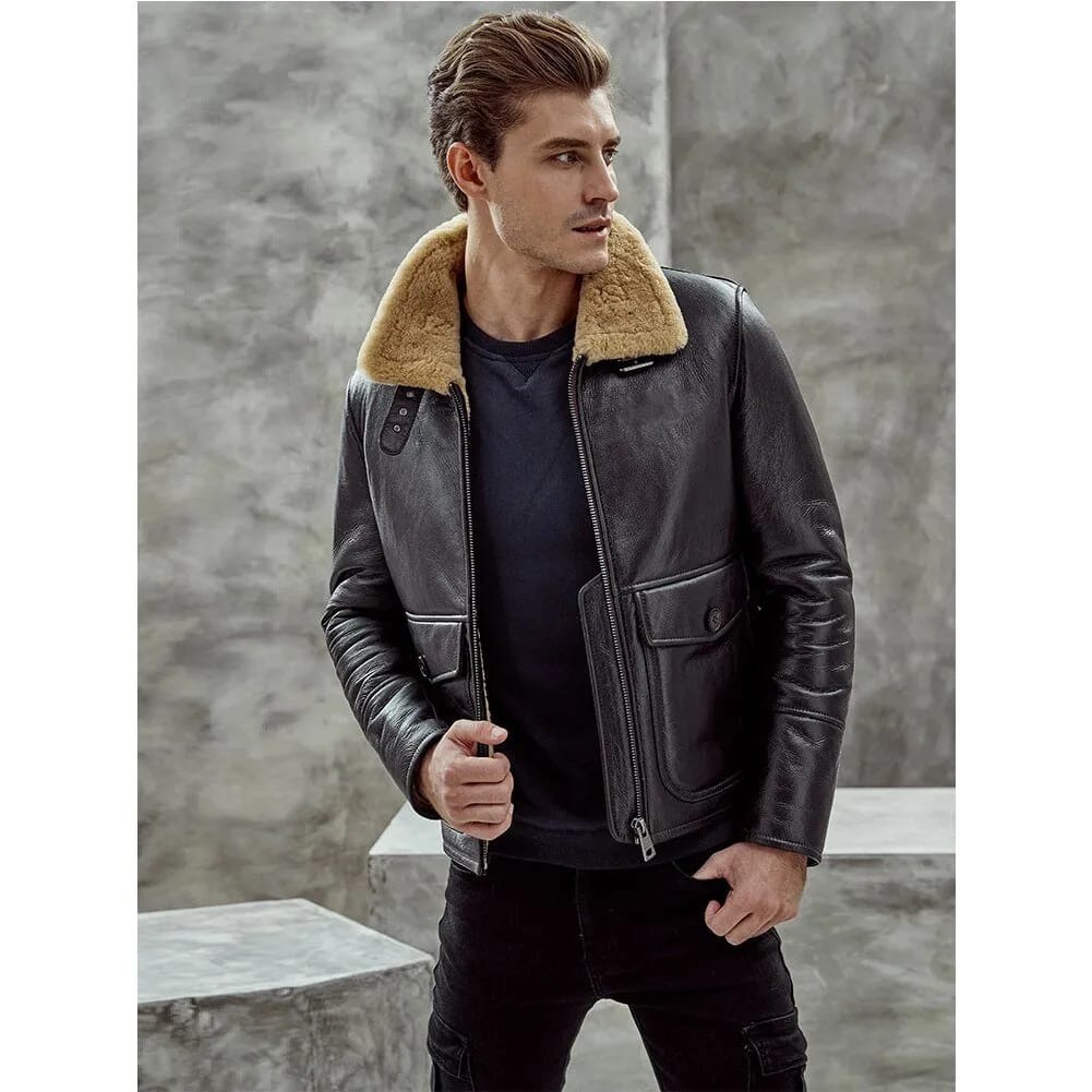 Mens Dark Brown Real Lambskin Fur Aviator Pilot Shearling Coat front detailed image