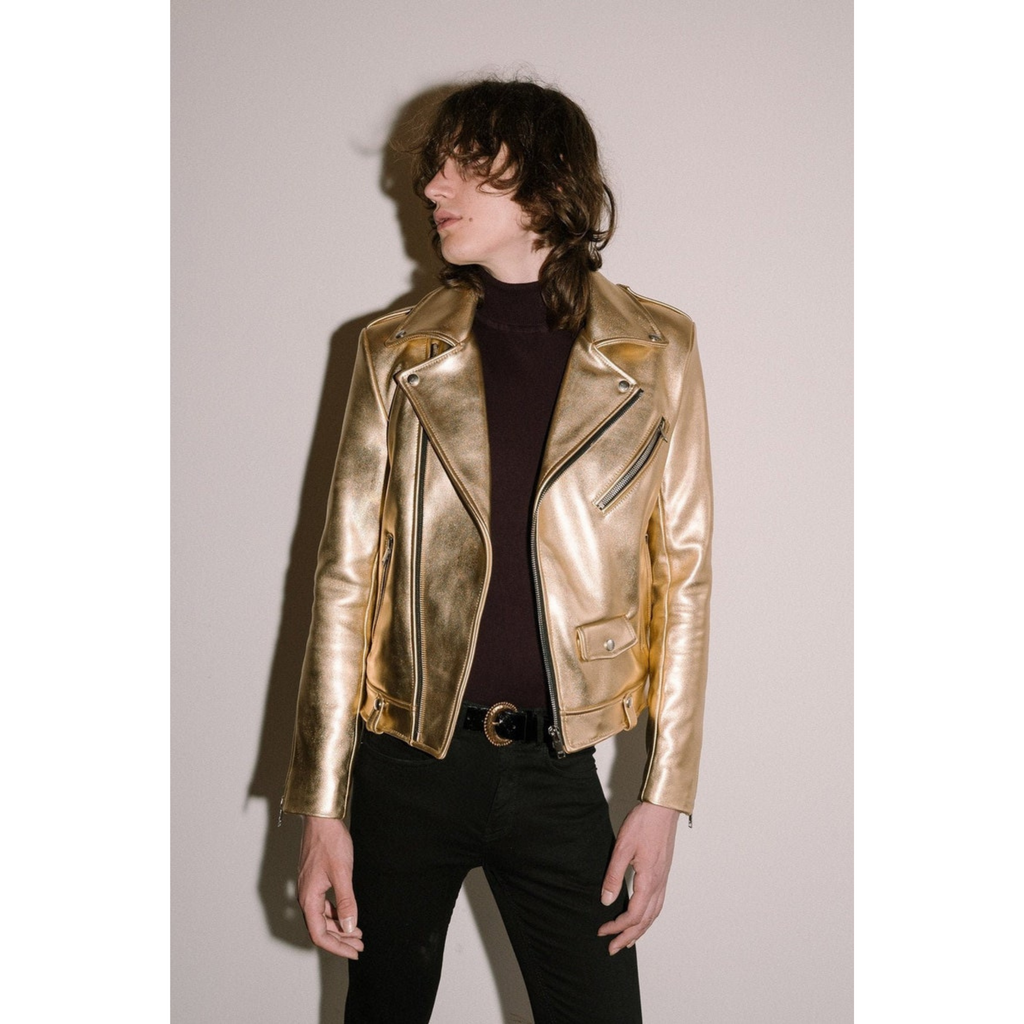 Mens Gold Metallic Foil Motorcycle Biker Leather Jacket front detailed  image