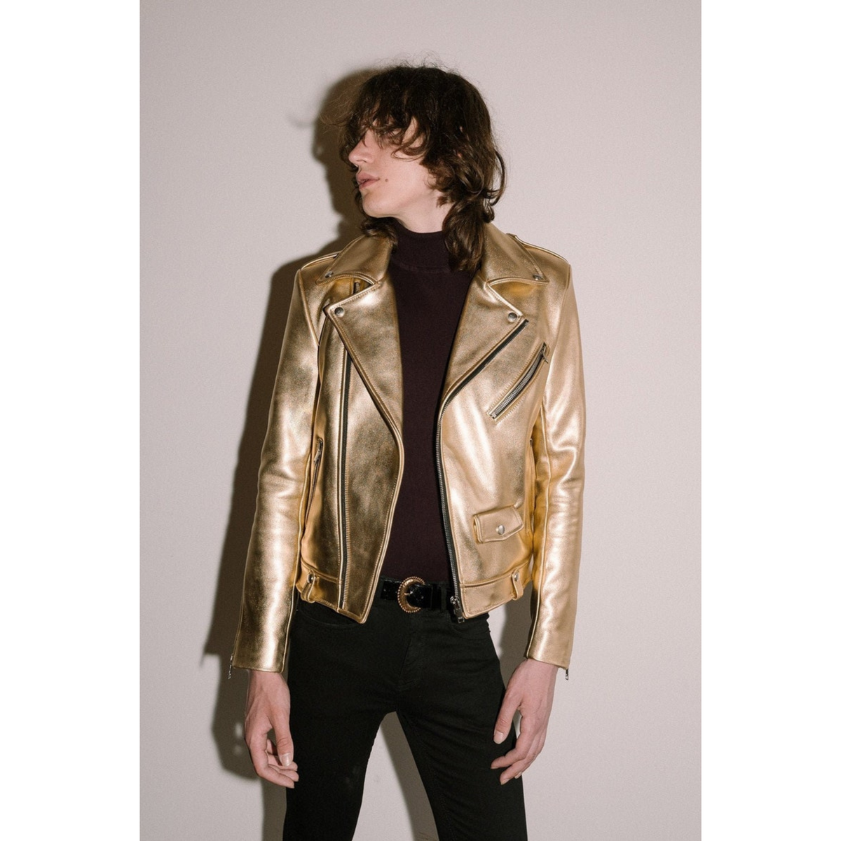 Mens Gold Metallic Foil Motorcycle Biker Leather Jacket front detailed  image