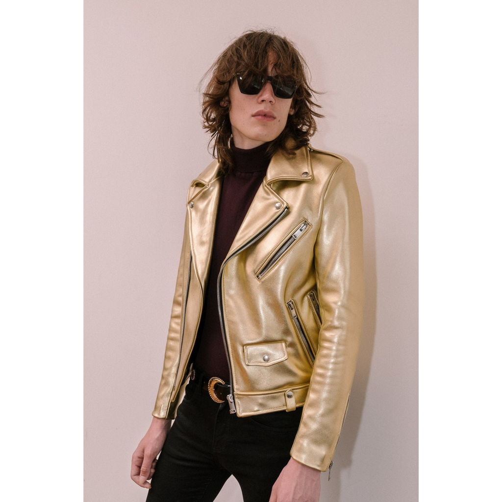 Mens Gold Metallic Foil Motorcycle Biker Leather Jacket front image