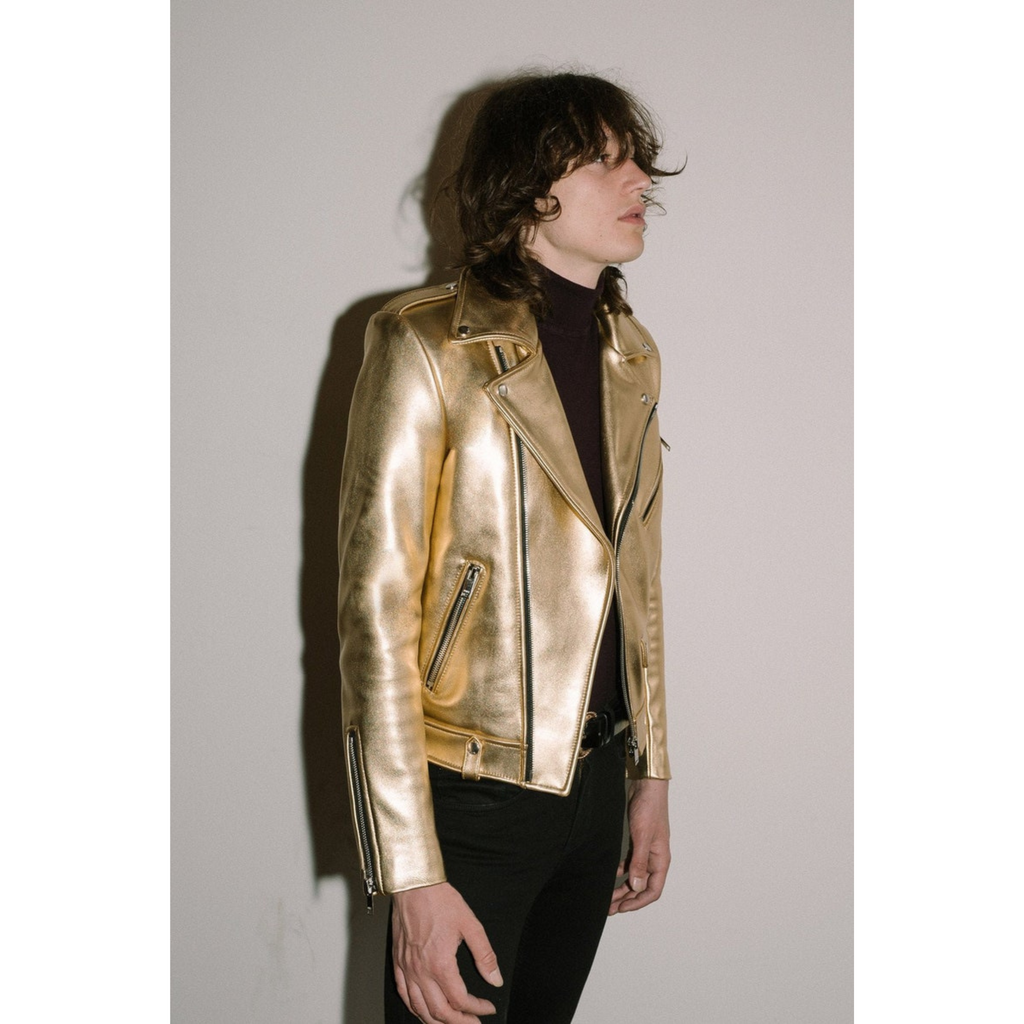 Mens Gold Metallic Foil Motorcycle Biker Leather Jacket side image