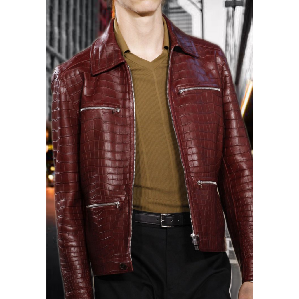 Mens Maroon Red Croc Embossed Effect Leather Jacket detail image