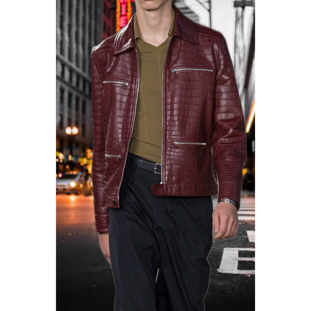 Mens Maroon Red Croc Embossed Effect Leather Jacket front image