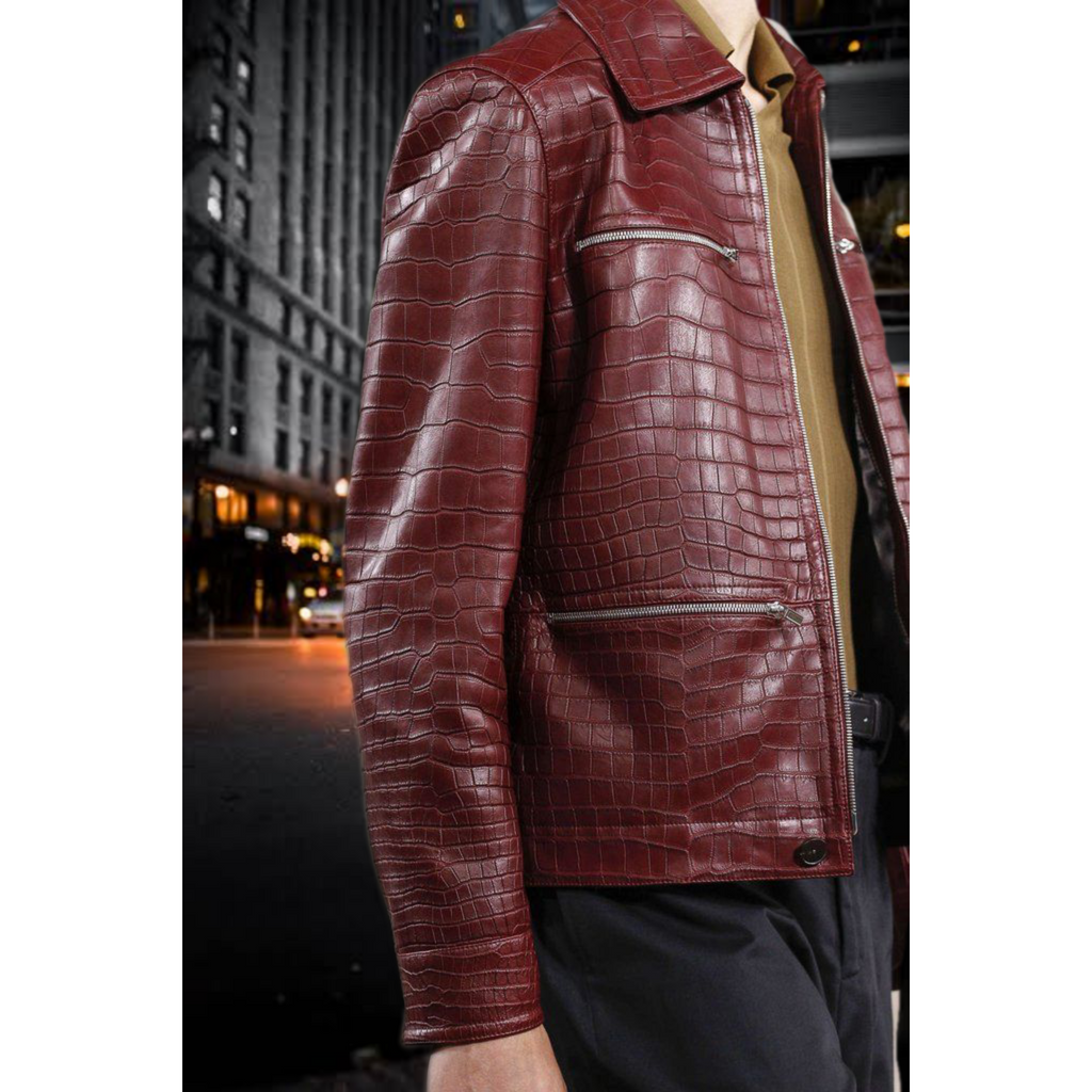 Mens Maroon Red Croc Embossed Effect Leather Jacket side image