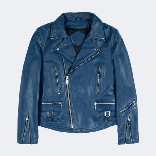 Mens Navy Blue Slim Fit Motorcycle Biker Leather Jacket detailed image