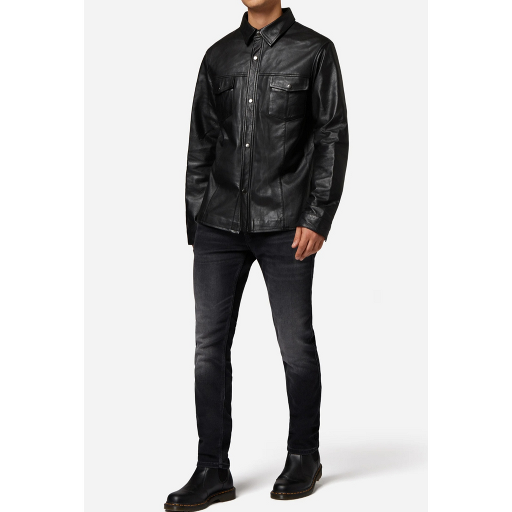 Model Wearing Men's Black Nappa Leather Denim Shirt – Stylish and Durable Real Leather Shirt for Men, Premium Fashion Outerwear with Denim Style