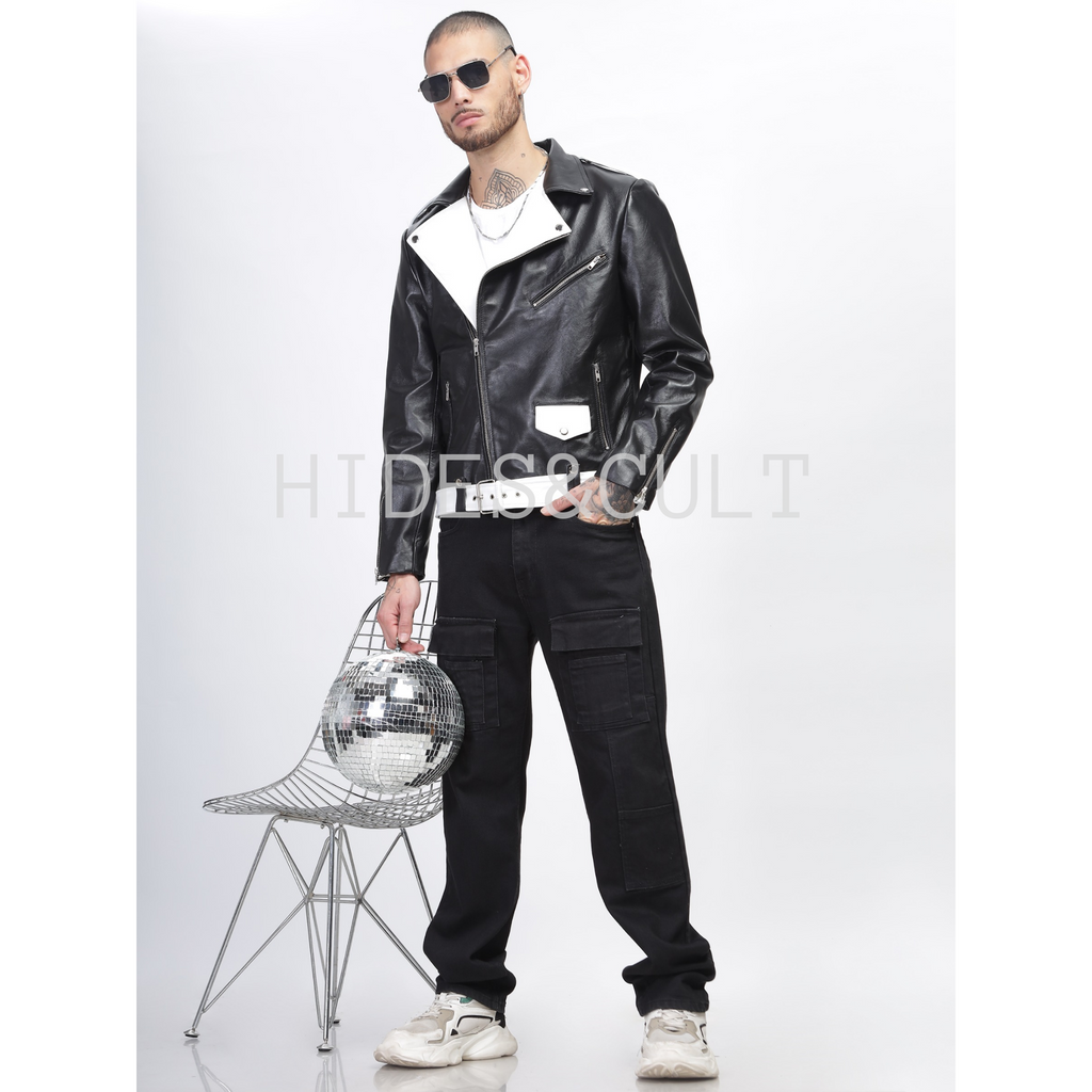 Model standing wearing men's black and white two tone slim fit belted biker leather jacket front view