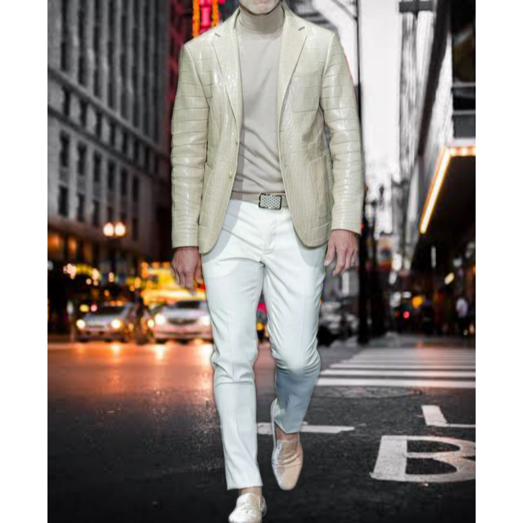 Model wearing Men's Beige Patent Croc Embossed Leather Blazer – Stylish full look highlighting fit, shine, and bold designer aesthetic.