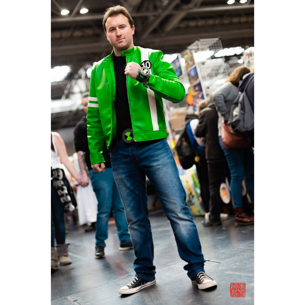 Model wearing Men's Ben 10 Inspired Leather Jacket – Trendy, fan-inspired leather jacket with vibrant Ben 10 design, perfect for casual wear and pop culture enthusiasts