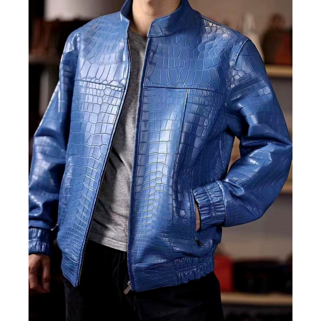 Model wearing Men's Blue Croc Embossed Effect Elasticated Leather Jacket – Full outfit view showing fit, texture, and urban luxury style.