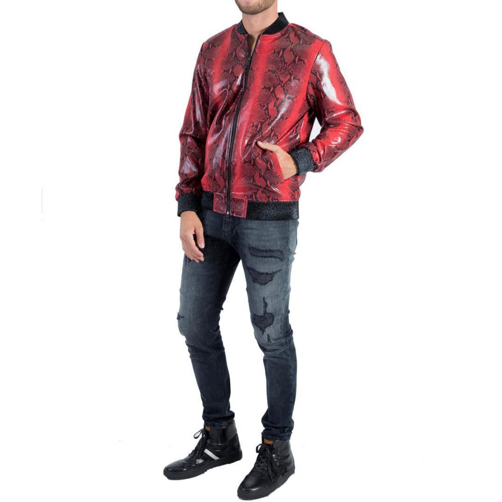 Model wearing Men's Red Snake Print Foil Genuine Lambskin Leather Bomber Jacket - Full body view showcasing fit, bold red snake print design, and luxury lambskin leather bomber style
