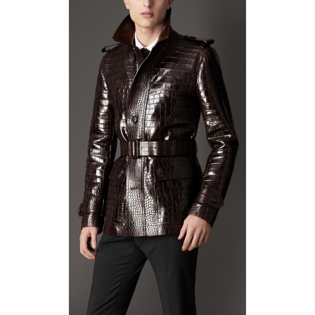 Model wearing Men's Rich Brown Croc Embossed Leather Belted Trench Coat – Full look highlighting texture, fit, and urban luxury styling.