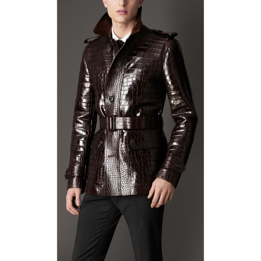 Model wearing Men's Rich Brown Croc Embossed Leather Belted Trench Coat – Full look highlighting texture, fit, and urban luxury styling.