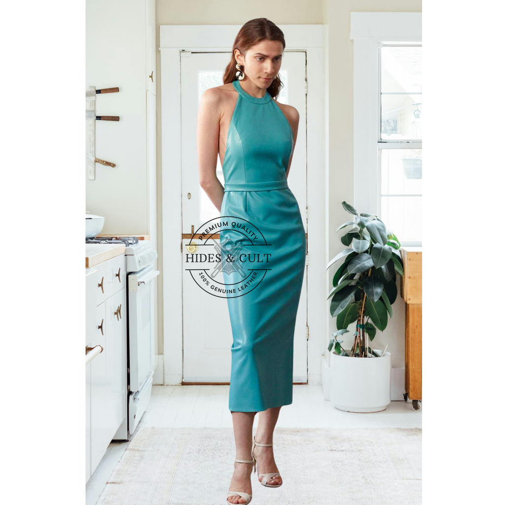Front view of model in teal blue halter neck leather midi dress for women