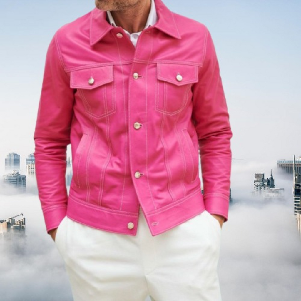 Pink genuine leather trucker jacket for men, front view, featuring white stitching, button closure, and chest pockets.

