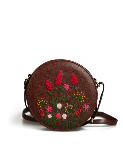 Handcrafted Brown - Red Cornfield Embroidered Round Genuine Leather Sling Bag