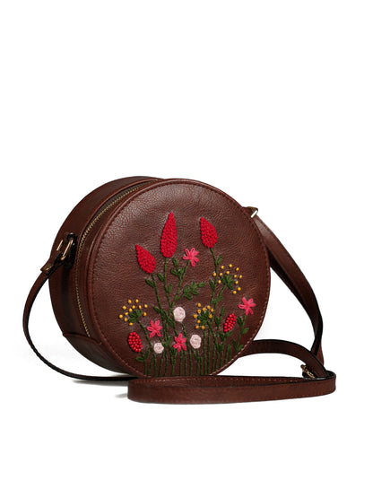 Handcrafted Brown - Red Cornfield Embroidered Round Genuine Leather Sling Bag