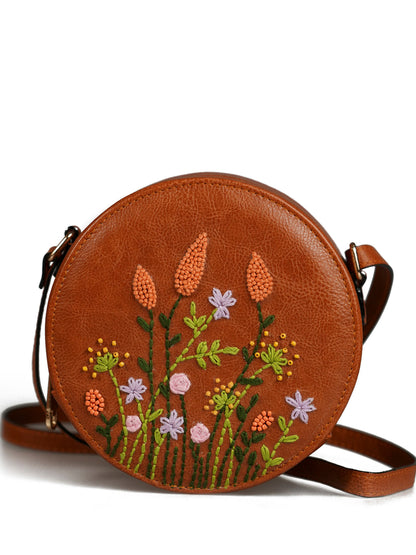 Handcrafted Tan - Orange Cornfield Embroidered Round Genuine Leather Sling Bag