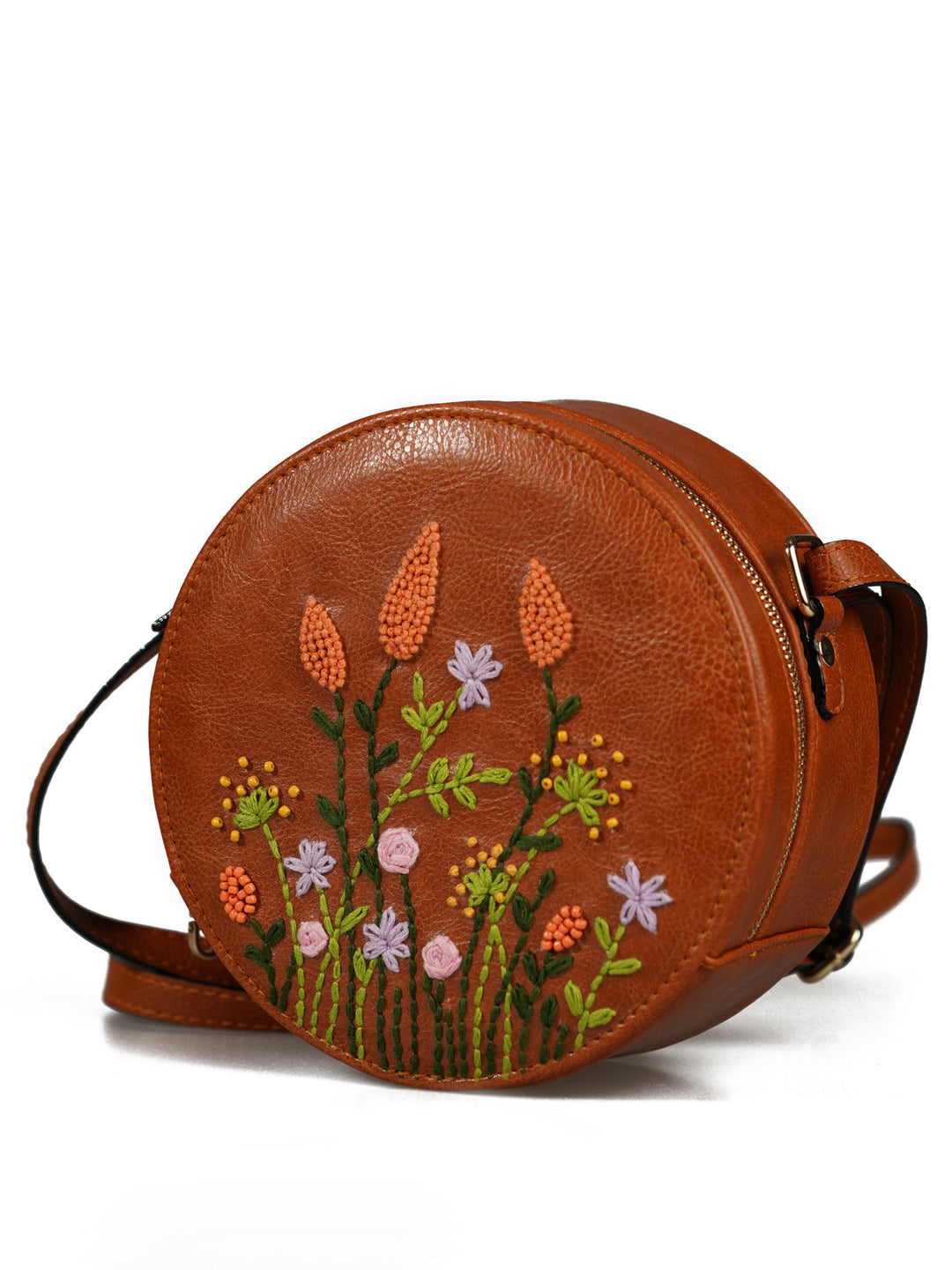 Handcrafted Tan - Orange Cornfield Embroidered Round Genuine Leather Sling Bag