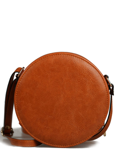 Handcrafted Tan - Orange Cornfield Embroidered Round Genuine Leather Sling Bag