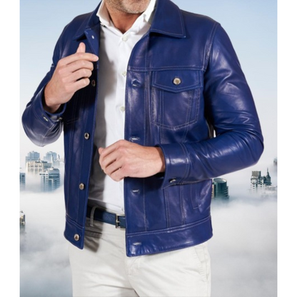 Royal blue genuine leather trucker jacket for men, front view, featuring white stitching, button closure, and chest pockets.

