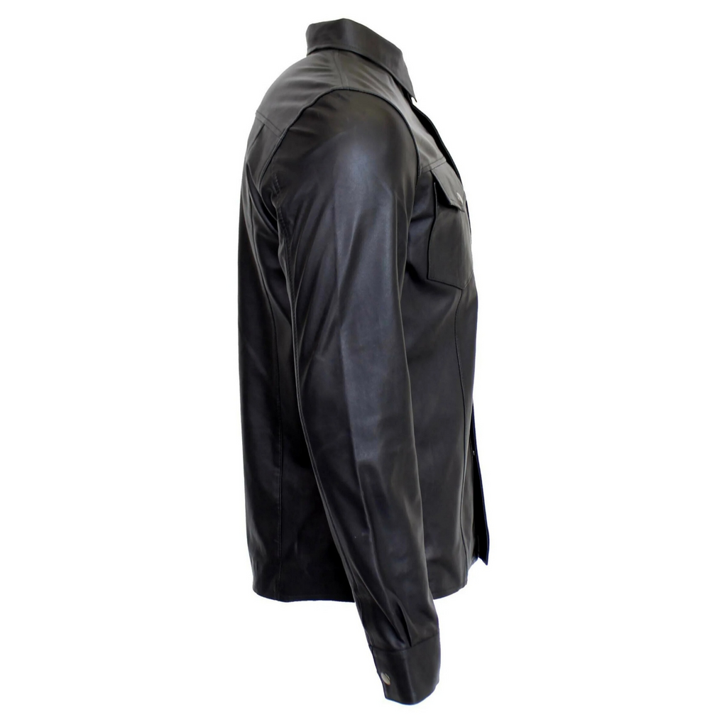 Side View of Men's Black Nappa Leather Denim Shirt – Stylish and Durable Leather Shirt for Men, High-End Fashion