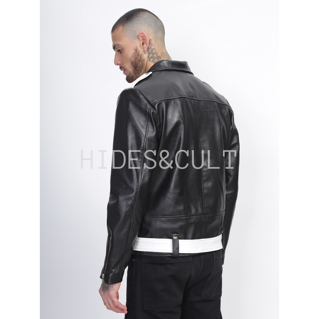 Side profile of black and white men's slim fit motorcycle leather jacket with belt