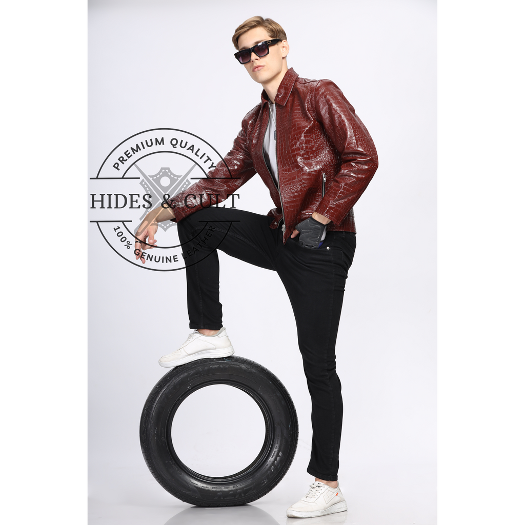 Side profile of men’s stylish crocodile-textured real leather jacket in maroon by Hides & Cult