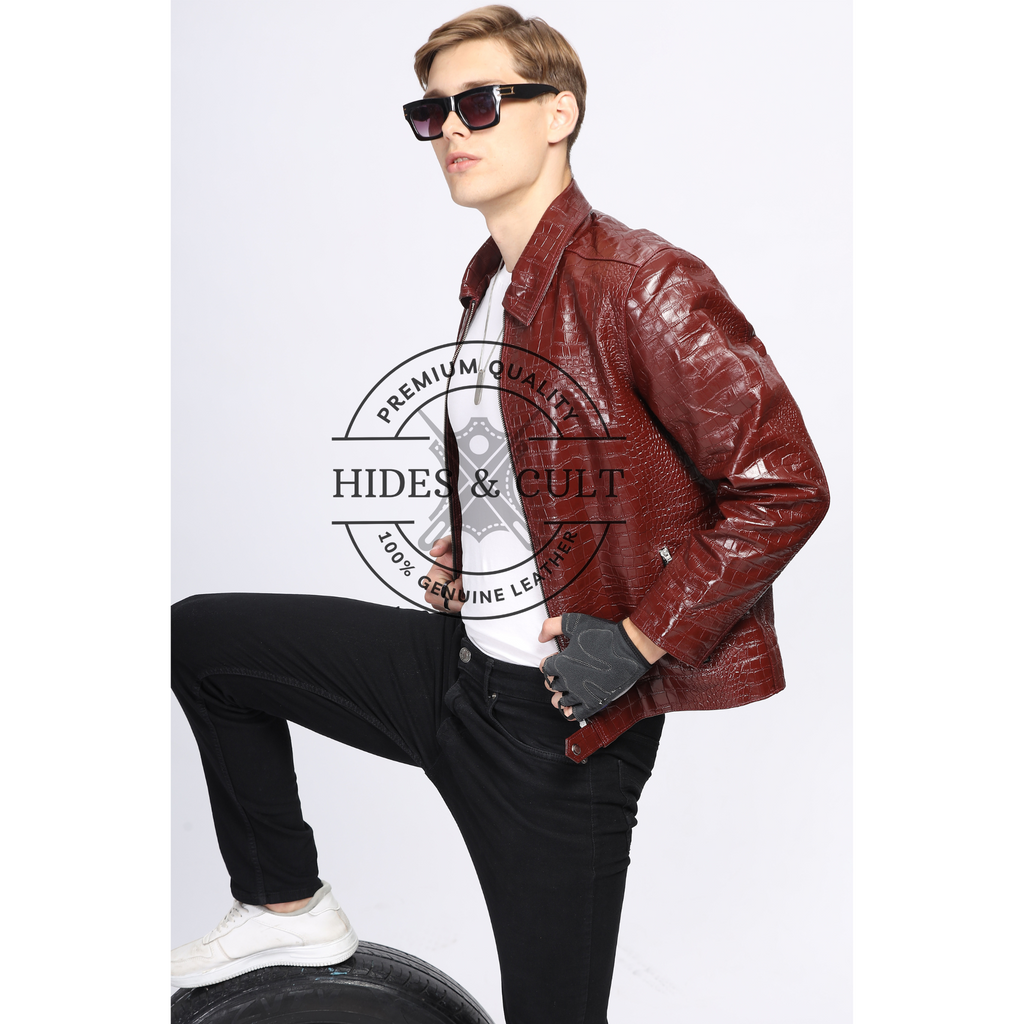 Side profile of men’s stylish crocodile-textured real leather jacket in maroon side view by Hides & Cult