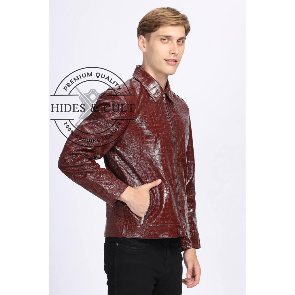 Side profile of men’s stylish crocodile-textured real leather jacket in maroon with closed  zip by Hides & Cult

