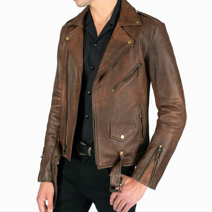 Side profile of men's vintage brown slim fit belted motorcycle leather jacket with zipper details