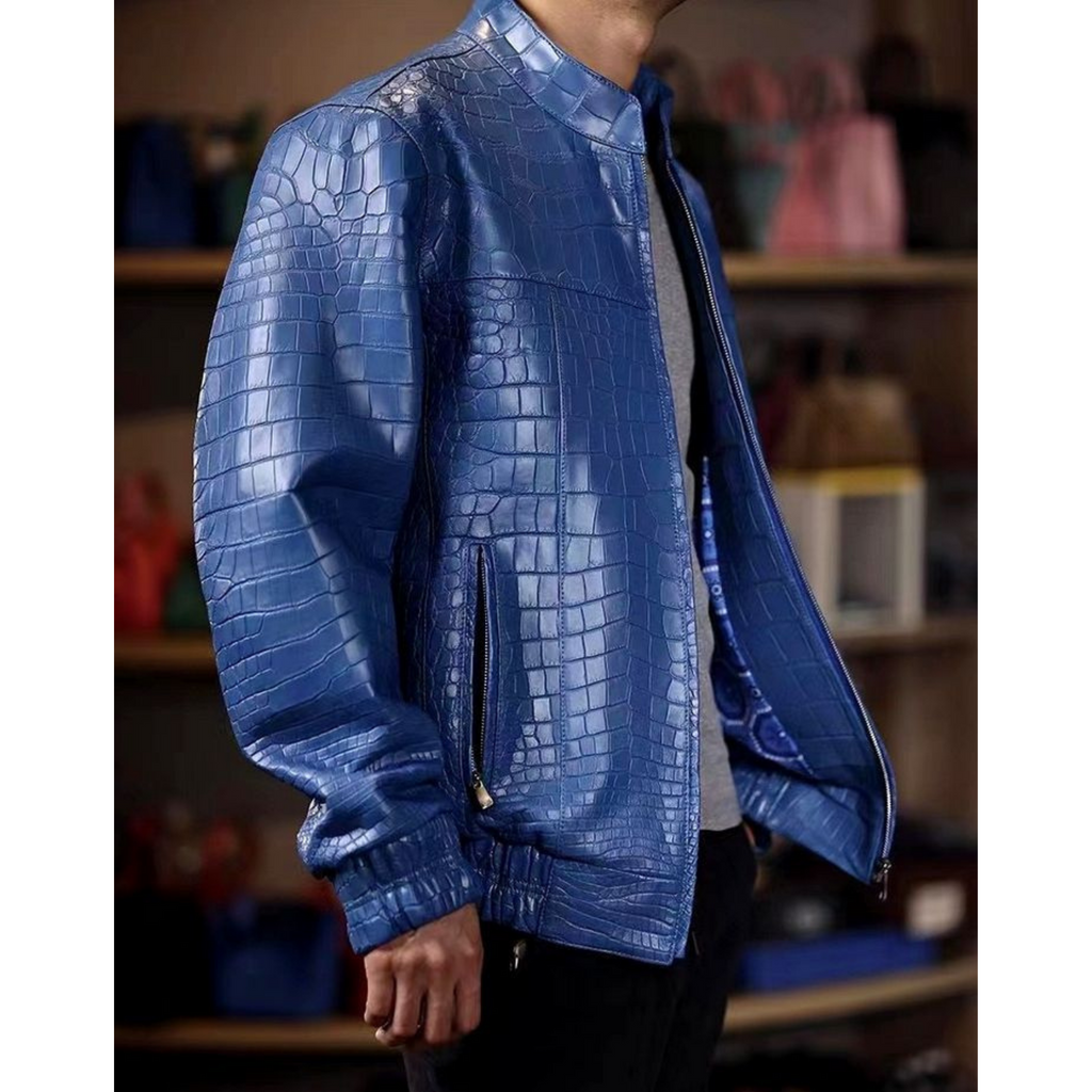 Side view of Men's Blue Croc Embossed Effect Elasticated Leather Jacket – Smooth silhouette, croc texture, and elasticated sleeve detail.