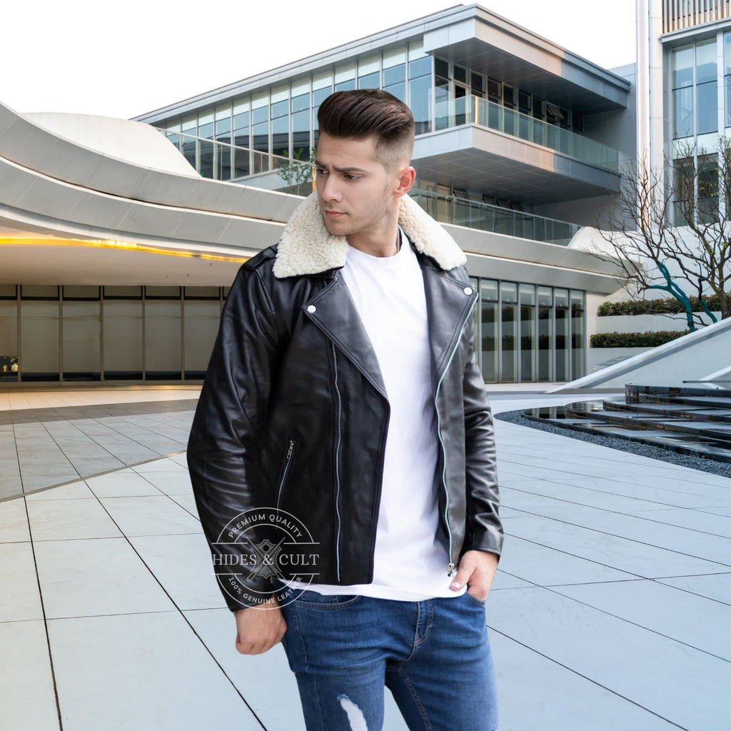 Side view of men's black and white fur collar motorcycle biker jacket, showcasing the tailored fit and luxurious genuine leather craftsmanship – Hides & Cult