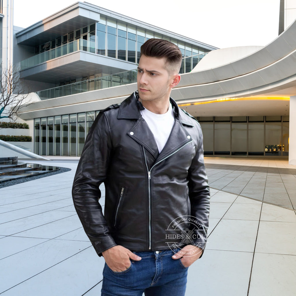 Side view of men's black and white fur collar motorcycle biker leather jacket with zipper, designed for durability and stylish comfort – Hides & Cult