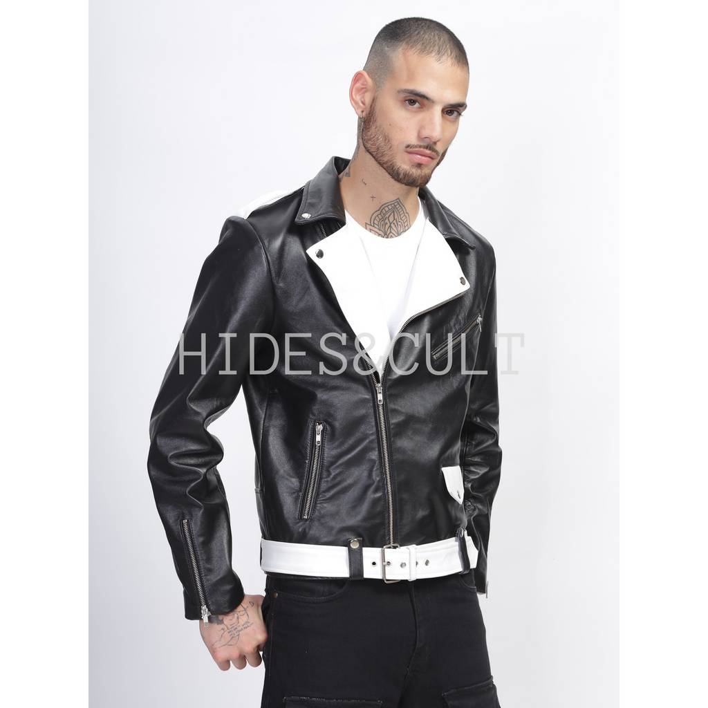 Side view of model wearing men's black and white two tone slim fit biker leather jacket with belted waist and detailed shoulder design