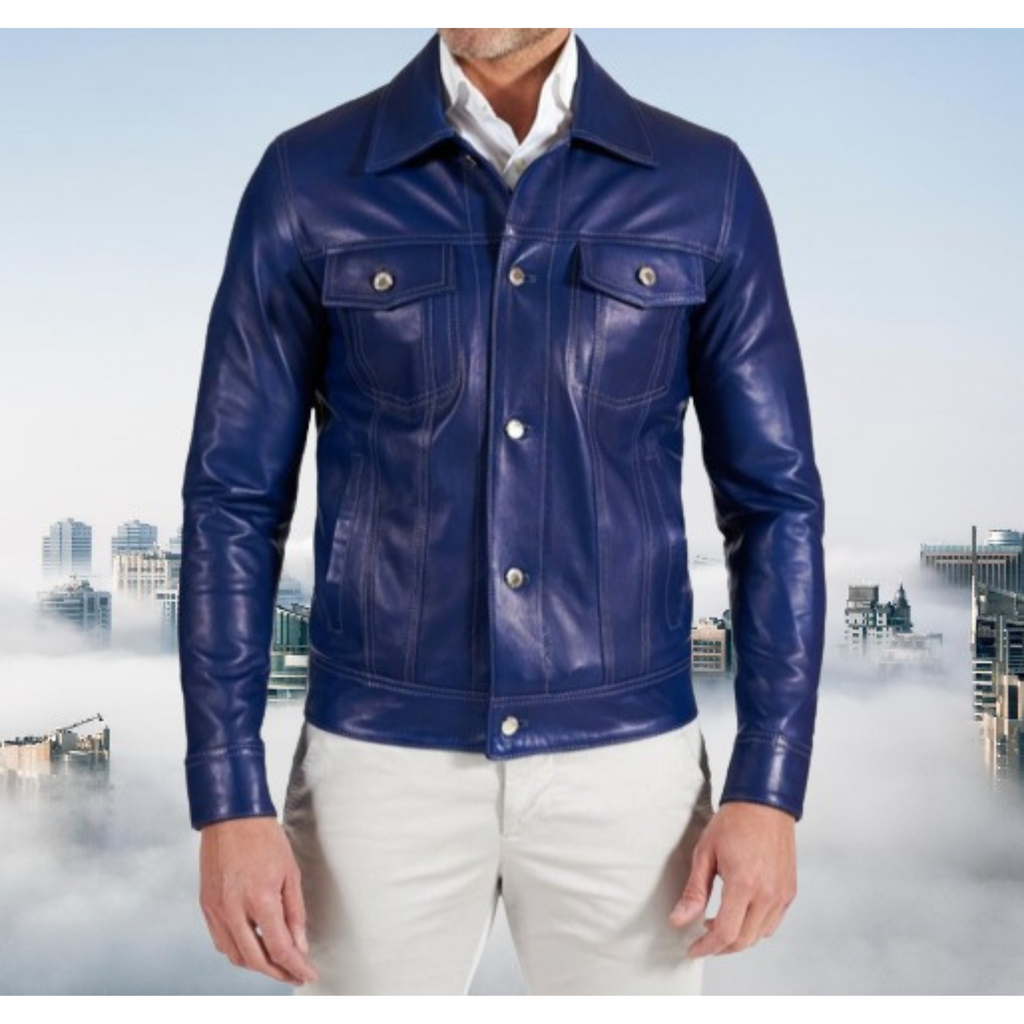 Stylish man wearing a Royal blue leather jacket in a trucker style, front view, highlighting the white stitching details and chest pockets.


