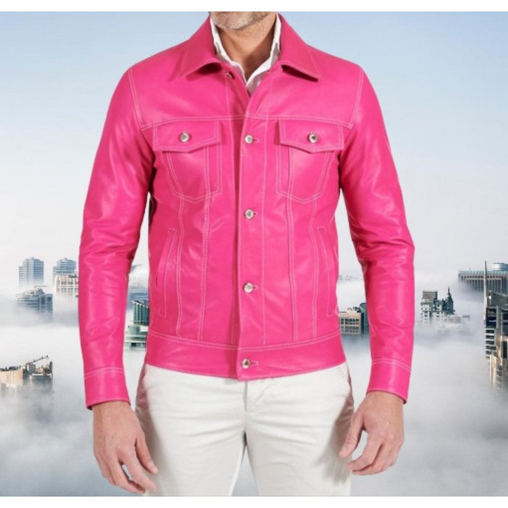 Stylish man wearing a pink leather jacket in a trucker style, front view, highlighting the white stitching details and chest pockets.

