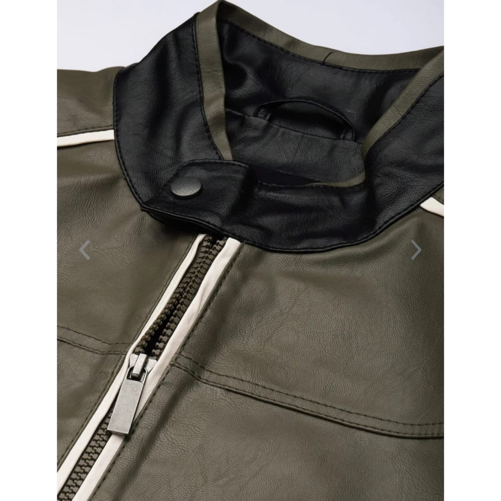 Top-down view of men's olive green and black leather jacket, folded, highlighting the distinct colorblock pattern and stripes.

