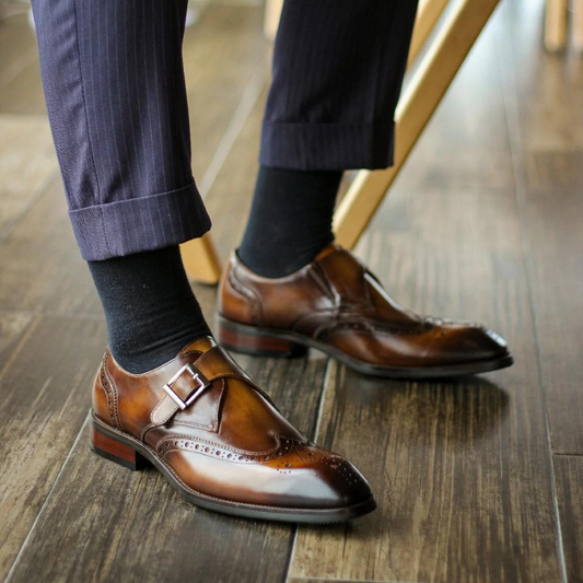 Brown Patina Single Monk Strap Brogue Shoes | Hides&Cult