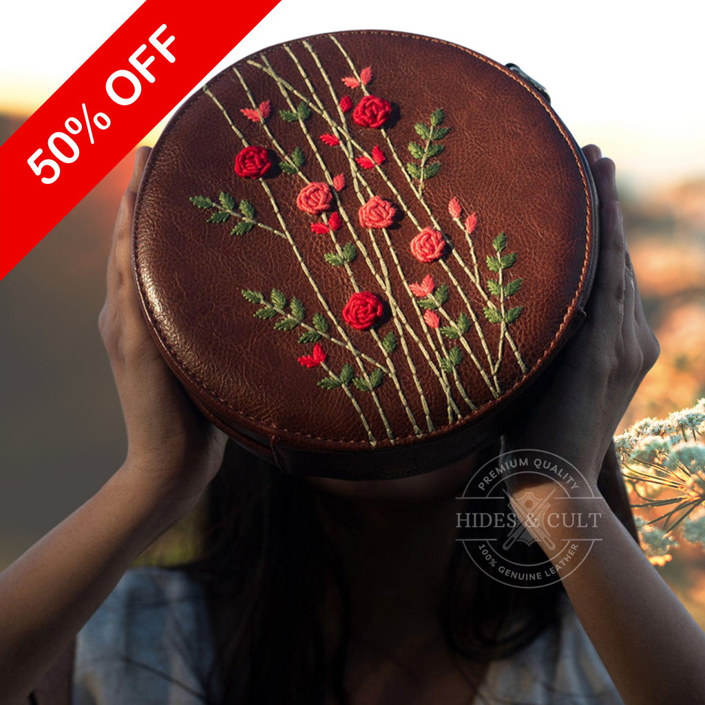 Handcrafted Brown - Red Rosebuds Embroidered Round Genuine Leather Sling Bag