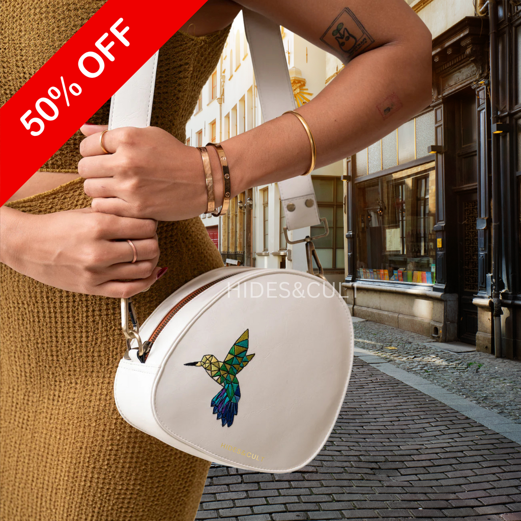 Handcrafted White - Kingfisher Origami Art Embroidered Genuine Leather Sling Bag