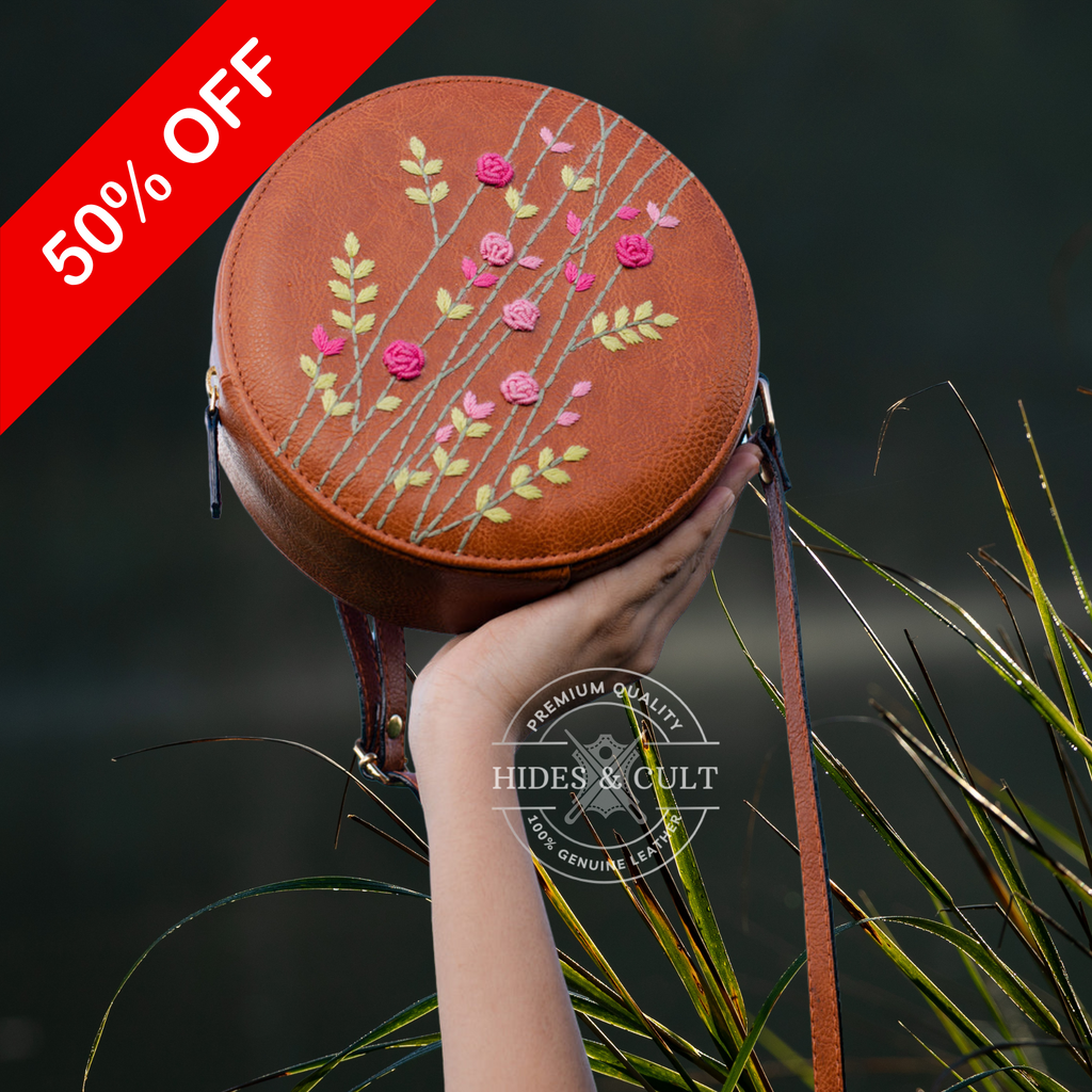 Handcrafted Tan - Pink Rosebuds Embroidered Round Genuine Leather Sling Bag