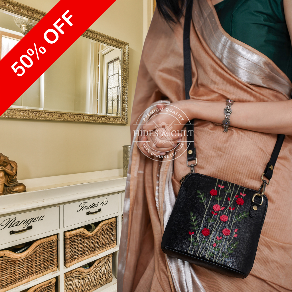 Handcrafted Black - Red Rosebuds Embroidered Genuine Leather Square Sling Bag