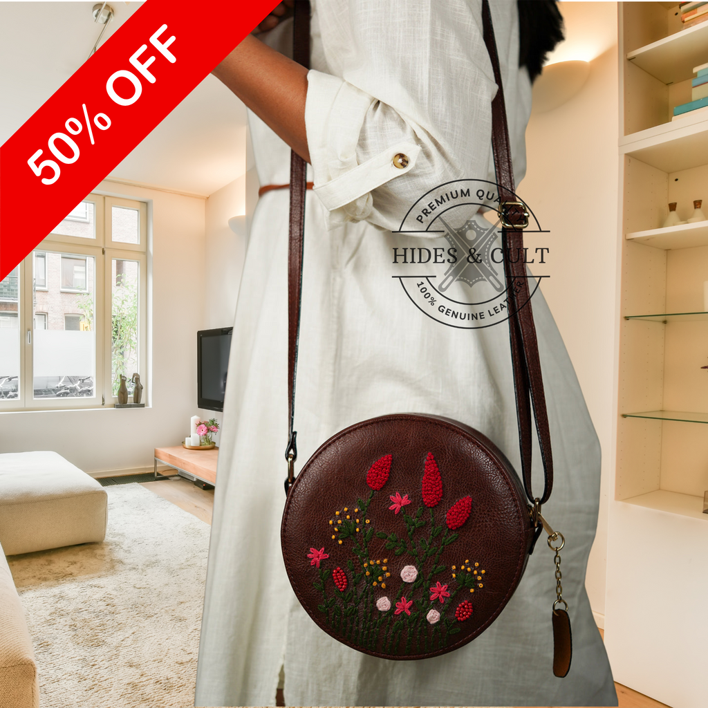 Handcrafted Brown - Red Cornfield Embroidered Round Genuine Leather Sling Bag