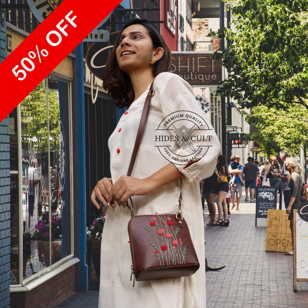 Handcrafted Brown - Red Rosebuds Embroidered Genuine Leather Square Sling Bag