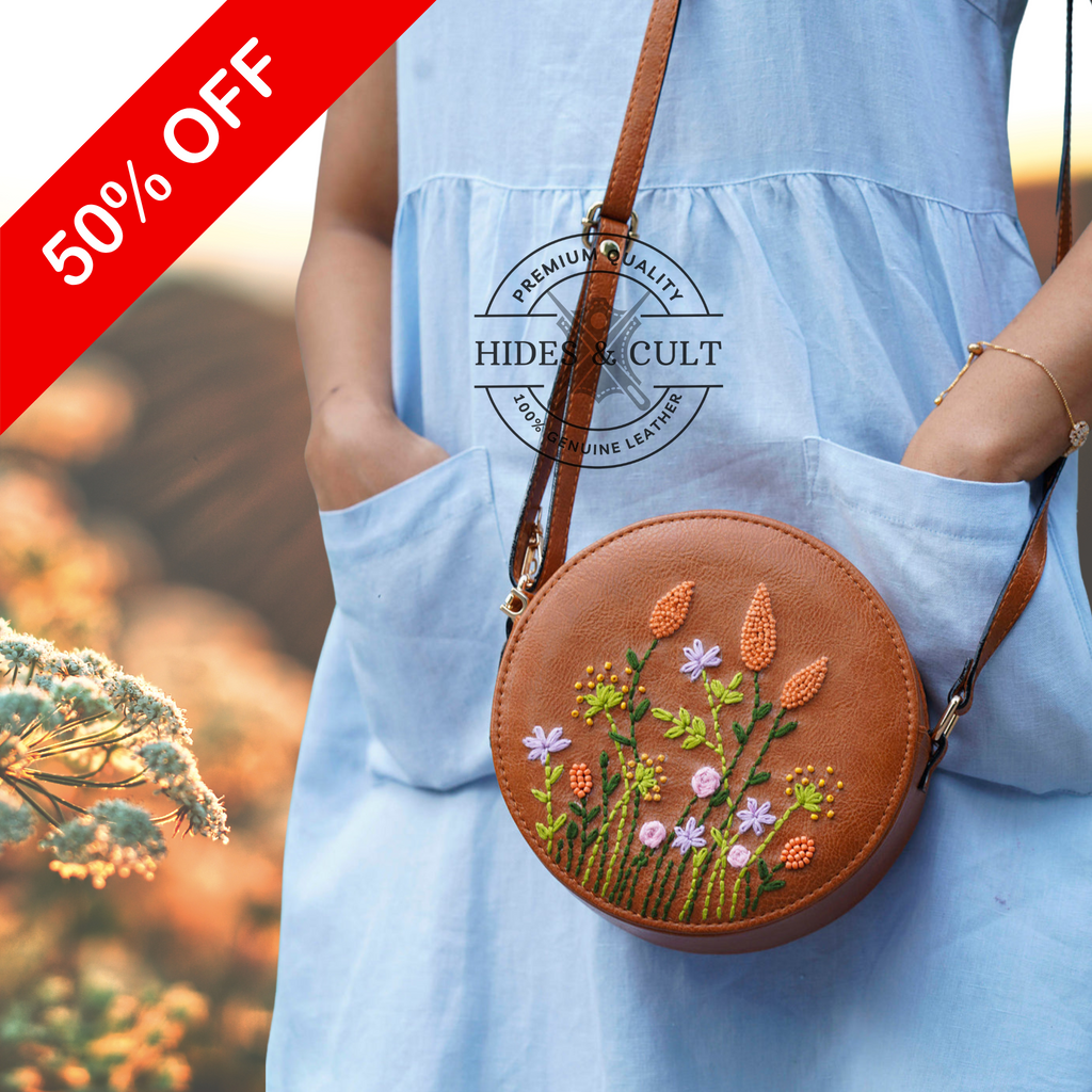 Handcrafted Tan - Orange Cornfield Embroidered Round Genuine Leather Sling Bag